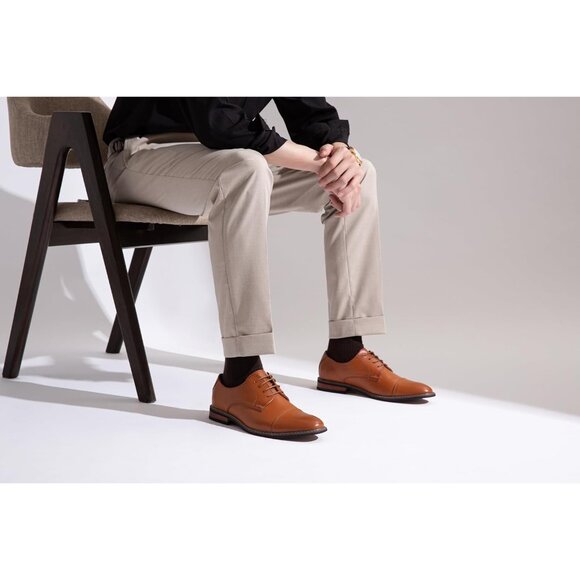 Men's Yellow-Brown Classic Lace-up Cushioned Cap-Toe Oxford/Derby Dress Shoes - Picture 6 of 7